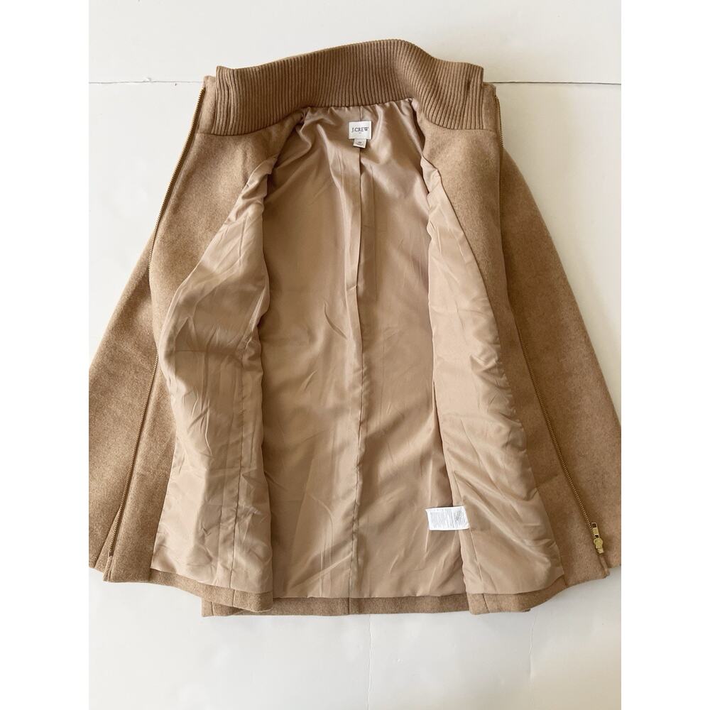 J Crew Village Coat Women 0 Tan Wool Blend Full Zip Mock Neck Lined Pockets - Picture 8 of 11